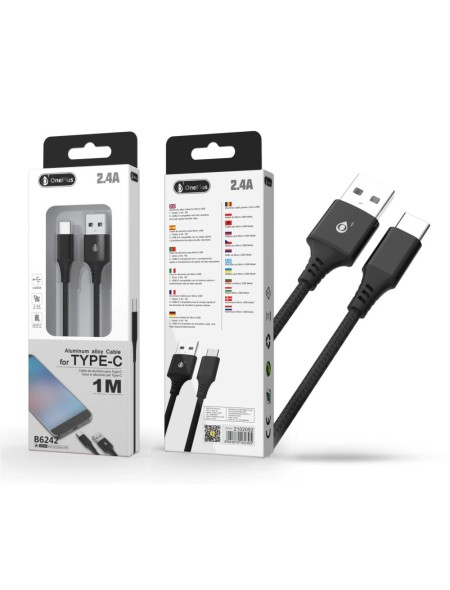 Cable datos USB 2.0 a Type-C / 1m / 2.4a / Aluminio / B6242 / Negro / One+