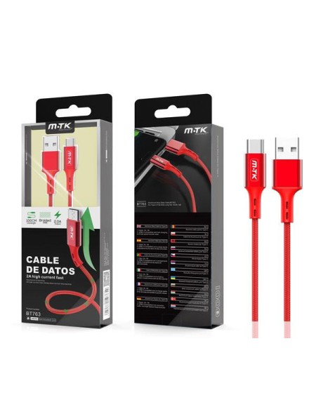 Cable datos USB 2.0 a Type-C / 1m / 2.4a / Aluminio / Trenzado / Bt763 / Rojo / MTK