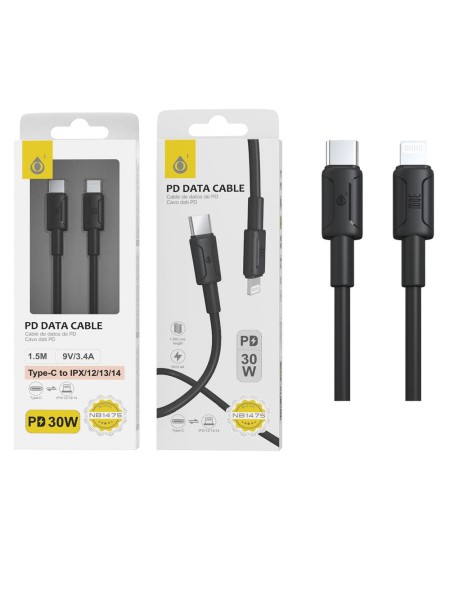 Cable datos Type-C a Lightning Iphone / 1.5 m / 3.4a / NB1475 / Carga Rapida PD / Negro / 2104752 / One+