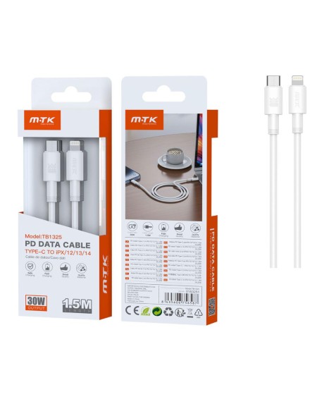 Cable datos Type-C a Lightning Iphone / 1.5 m / 30W / 3a / TB1325 / Carga Rapida PD / Blanco / 0153251 / MTK