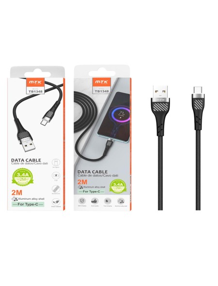 Cable datos USB 2.0 a Type-C / 2m / 3.4a / Nylon Trenzado / TB1348 / Negro / ONE+ / 0153482